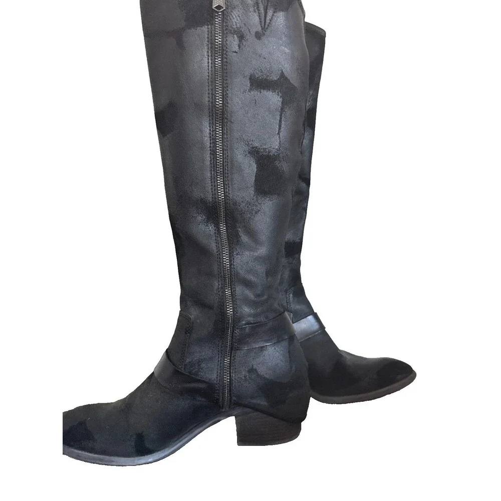 Donald J Pliner Dela Black Leather Tall Riding Moto Boots Buckle Womens 9 M